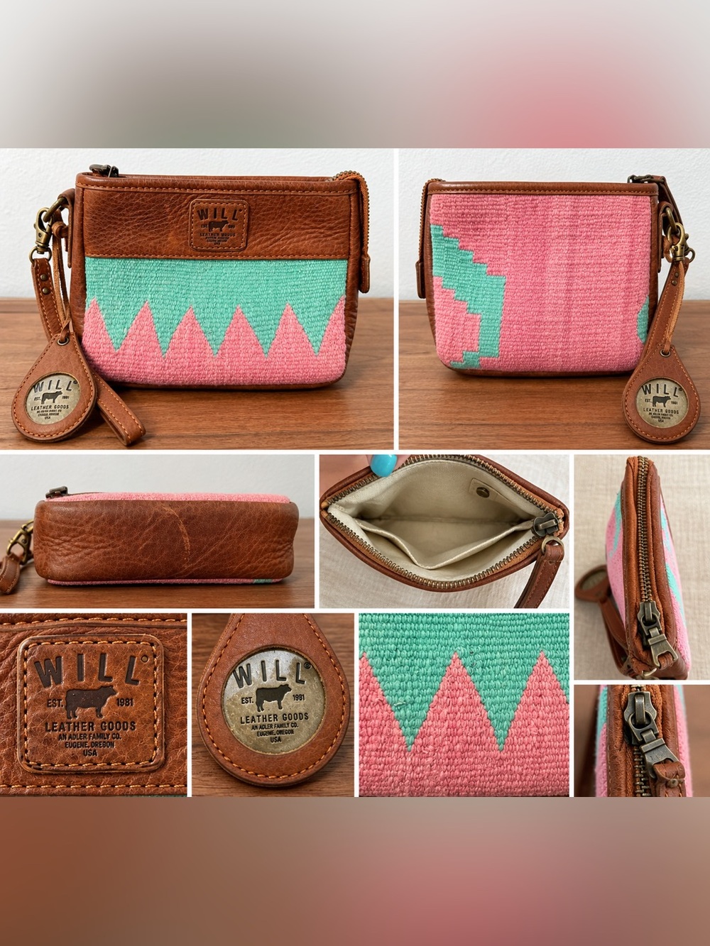 WILL Leather Goods Pink & Teal Woven Leather Wristlet